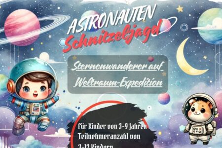 : Illustration eines Astronauten im Weltraum, umgeben von Planeten und Sternen, die das Abenteuer der Schnitzeljagd darstell: Astronauten Schatzsuche