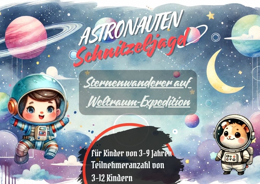 : Illustration eines Astronauten im Weltraum, umgeben von Planeten und Sternen, die das Abenteuer der Schnitzeljagd darstell: Astronauten Schatzsuche