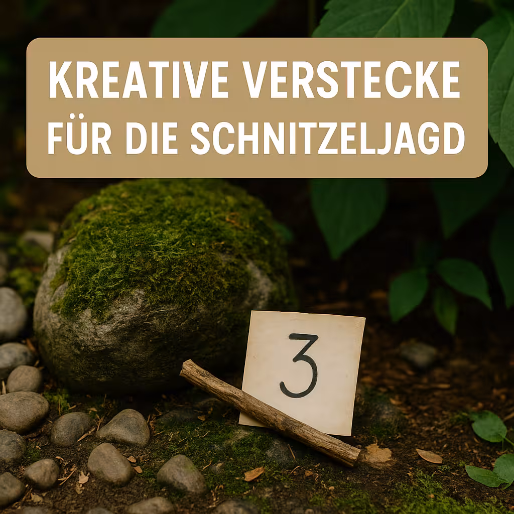 Titelbild mit moosbedecktem Stein, einem Hinweiszettel mit der Zahl 3 und dem Text „Kreative Verstecke für die Schnitzeljagd“ – ideal für einen Blogbeitrag über clevere Ideen beim Schatzsuchen.