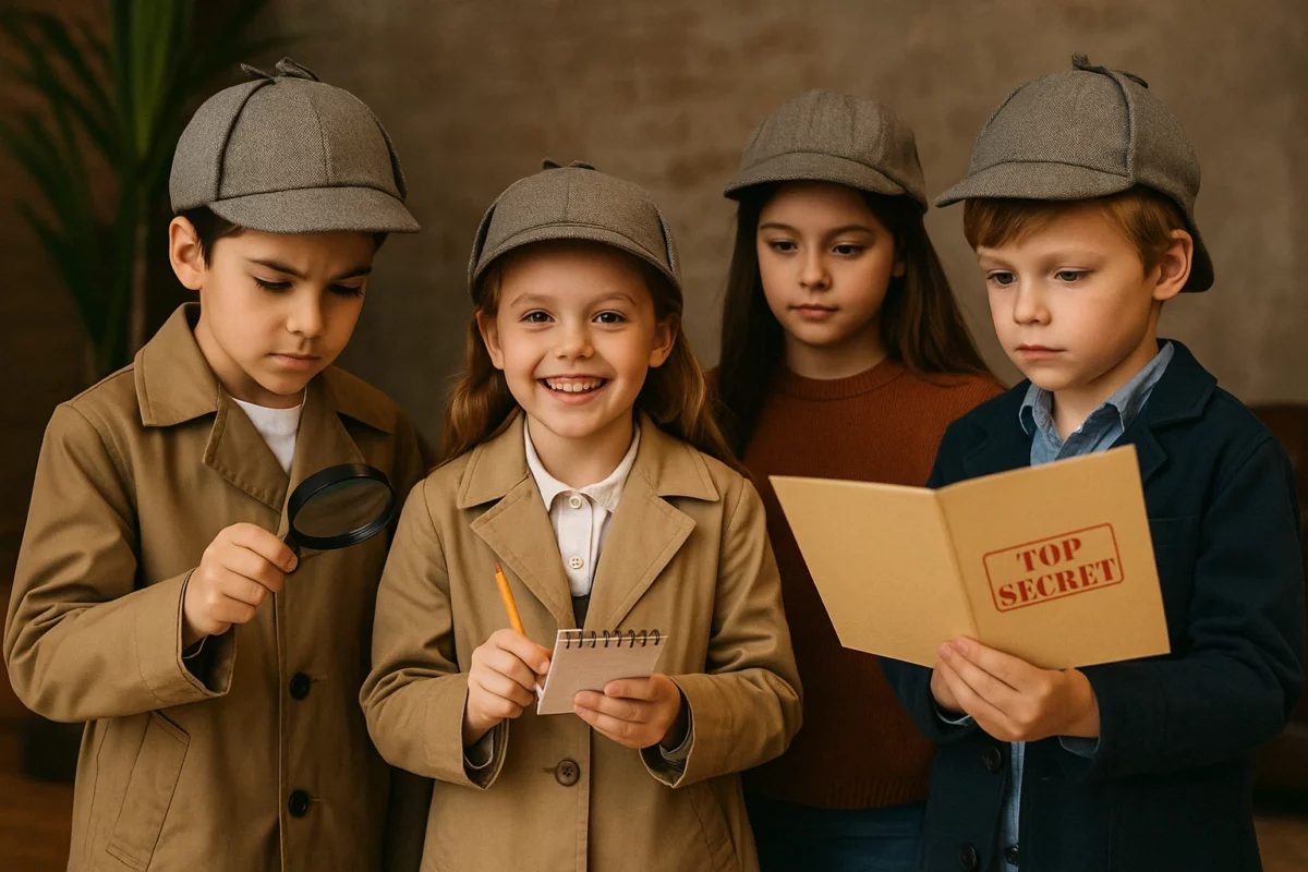 Vier Kinder mit Detektiv-Ausrüstung beim Start einer spannenden Schnitzeljagd, mit Notizblock, Lupe und „Top Secret“-Mappe Schnitzeljagd Detektiv Ideen
