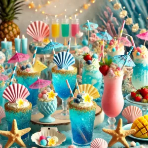 Meerwasser-Limonade: Blaue Limonade mit ein paar essbaren Glitzerpartikeln. Muschelmilchshakes: Vanille- oder Erdbeermilchshakes mit bunten Strohhalmen. Tropische Mocktails: Säfte wie Ananas und Mango, garniert mit Mini-Schirmchen.