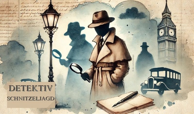 Illustration einer geheimnisvollen Detektiv-Schnitzeljagd im Vintage-Stil: Ein Detektiv mit Trenchcoat und Lupe, umgeben von Straßenlaternen, Schattenfiguren, einem Notizbuch und Big Ben im Hintergrund. Perfekte Darstellung für eine spannende Rätselmission mit Detektiv-Story. 🕵️‍♂️🔍