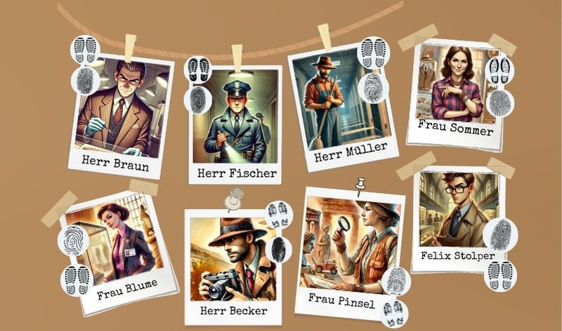 Illustration einer Detektiv-Schnitzeljagd-Station mit Polaroid-Fotos von Verdächtigen, darunter Herr Braun, Herr Fischer, Herr Müller, Frau Sommer, Frau Blume, Herr Becker, Frau Pinsel und Felix Stolper. Die Bilder sind mit Fußspuren, Fingerabdrücken und Notizen versehen, was auf eine spannende Ermittlung hindeutet. Perfekt für eine interaktive Detektiv-Schnitzeljagd. 