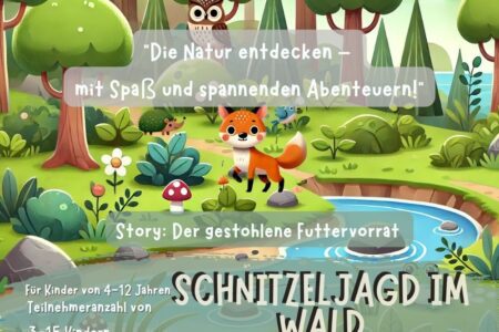 Wald Schatzsuche, Schnitzeljagd-PDFs, Illustration eines dichten, geheimnisvollen Waldes mit verschiedenen Tieren wie Fuchs, Eule und Reh, die gemeinsam auf eine Schatztruhe blicken, welche den verlorenen Futtervorrat symbolisiert.