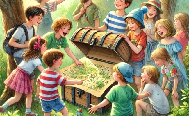 Aquarellgemälde einer Gruppe von Kindern, die gemeinsam eine Schnitzeljagd in einem grünen Park spielen. Sie stehen um eine Schatzkarte, diskutieren Hinweise und suchen nach einem versteckten Schatz. Die Szene strahlt Freude, Teamgeist und Abenteuer aus. Gruppenspiele für kinder