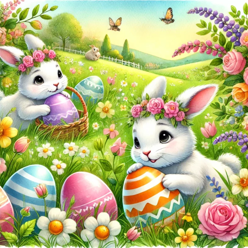 Ostereiersuche mit Osterhasen auf einer Wiese und bunten ostereiern illustration