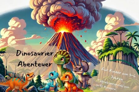 Fröhlich gezeichnete Dinosaurier-Kinder stehen vor einem ausbrechenden Vulkan im Dschungel – ideal als Titelbild für eine Dino Schatzsuche für Kinder von 3–6 Jahren. Das Bild zeigt fünf niedliche Dino-Charaktere in leuchtenden Farben, umgeben von Palmen und Urzeitlandschaft. Perfekt zur Bewerbung einer spannenden Schatzsuche mit Dinos, Abenteuer und Rätseln für den Kindergeburtstag.