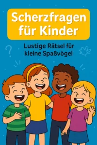 Vier lachende Kinder vor blauem Hintergrund mit dem Titel „Scherzfragen für Kinder – Lustige Rätsel für kleine Spaßvögel
