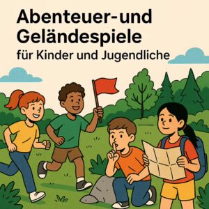 Kinder spielen draußen Abenteuer- und Geländespiele mit Karte und Fahne im Wald
