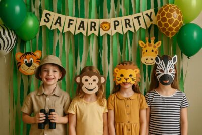 Vier Kinder bei einer Safari-Party mit Tiermasken vor grüner Dschungel-Deko – perfekte Motto-Feier für Kindergeburtstag