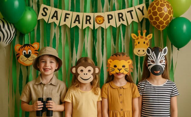 Vier Kinder bei einer Safari-Party mit Tiermasken vor grüner Dschungel-Deko – perfekte Motto-Feier für Kindergeburtstag